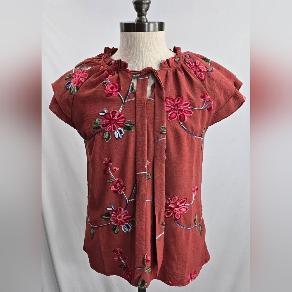 Luna Rae Orange Embroidered Floral Sleeveless Ruffle Layer Top Size Medium